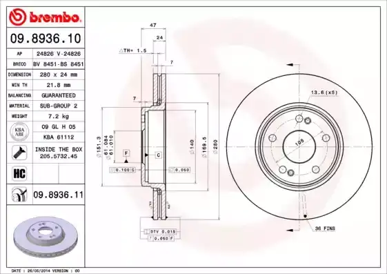 Δισκόπλακες RENAULT LAGUNA 2001 - 2005 ( BG ) ( KG ) BREMBO 09.8936.10