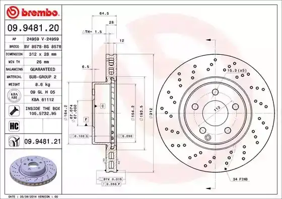 Δισκόπλακες MERCEDES SL 2003 - 2008 ( R230) BREMBO 09.9481.20