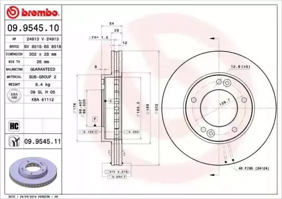 Δισκόπλακες KIA SORENTO 2002 - 2007 ( JC ) BREMBO 09.9545.10