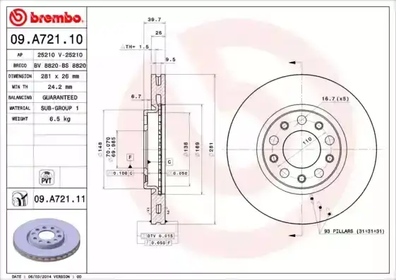 Δισκόπλακες ALFA ROMEO GIULIETTA 2010 - ( 940 ) BREMBO 09.A721.10
